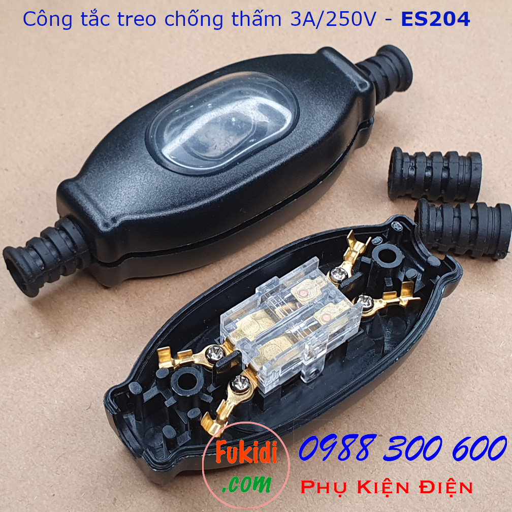 Công tắc treo dây 3A250V chống nước IP65 dạng công tắc bập bênh, màu đen ES204