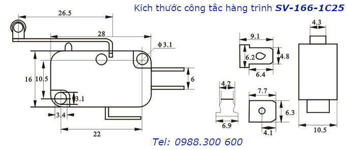 Chi tiết kích thước của công tắc hành trình SVGO SV-166-1C25