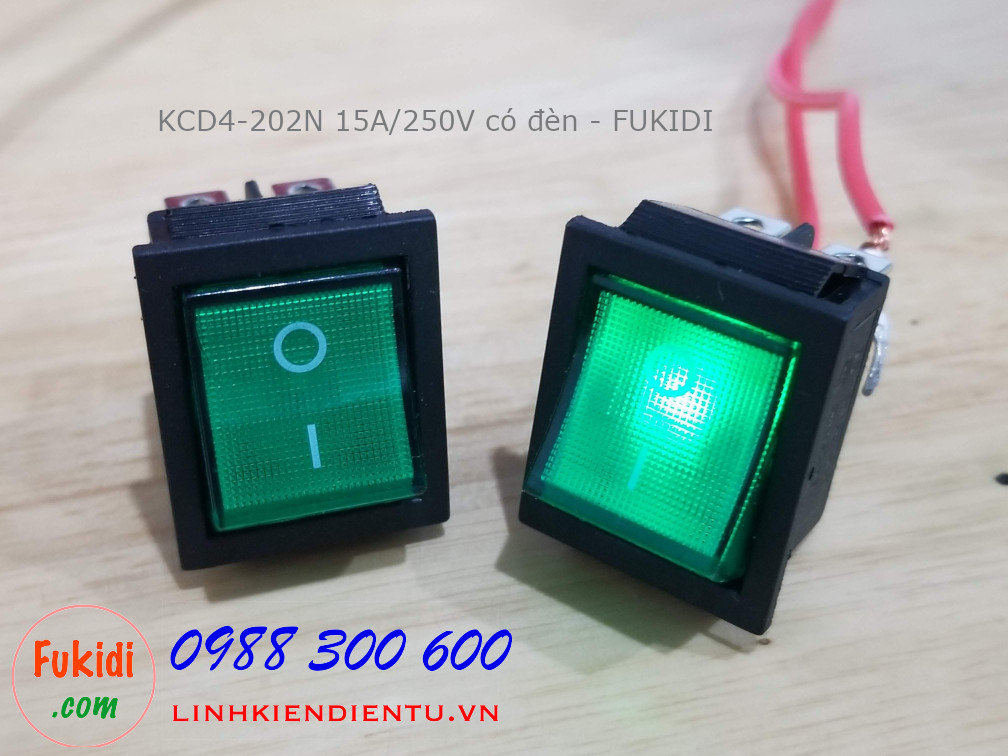 Công tắc nguồn KCD4-202N 15A/250V size 25.4x31mm có đèn LED sáng màu xanh