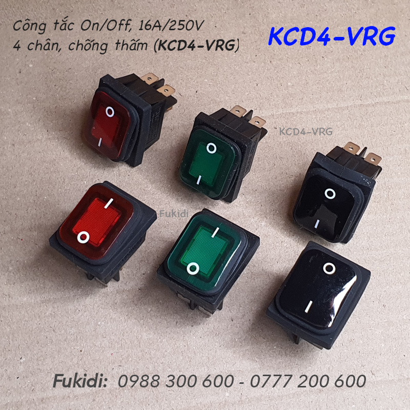 Công tắc bập bênh chống thấm nước chuẩn PA66, 16A/250V, 4 chân - KCD4-VRR
