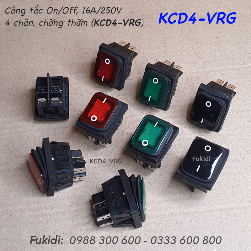 Công tắc bập bênh chống thấm nước chuẩn PA66, 16A/250V, 4 chân - KCD4-VRR
