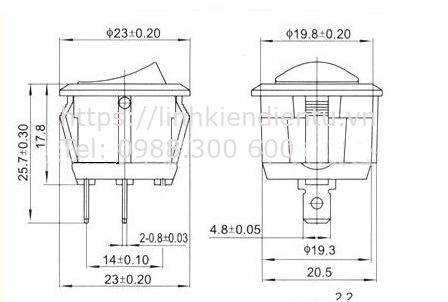 Kích thước của công tắc tròn (bập bênh) 10A/250V 20mm