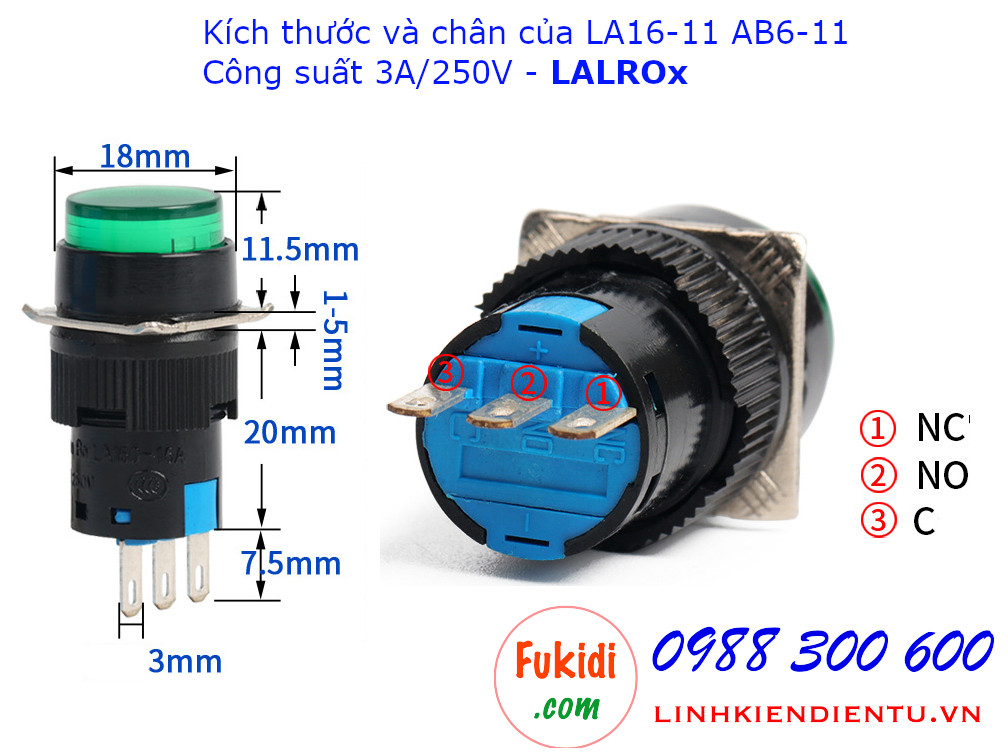 Công tắc nút nhấn giữ LA16 AB6 3A/250V phi 16mm màu xanh - LA16LROG