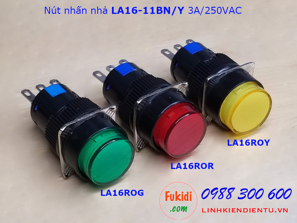 Nút nhấn nhả LA16-11BN/Y 3A/250VAC phi 16mm, tròn màu xanh - LA16ROG