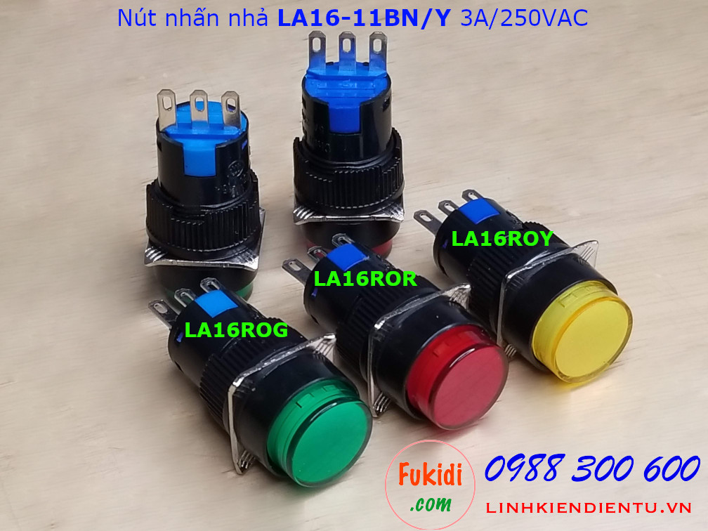 Nút nhấn nhả LA16-11BN/Y 3A/250VAC phi 16mm, tròn màu xanh - LA16ROG