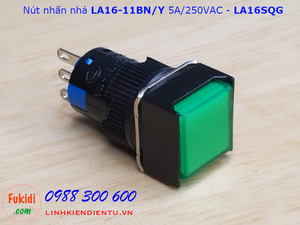 Nút nhấn nhả LA16-11BN/Y 5A/250VAC phi 16mm,  đầu vuông màu xanh - LA16SQG
