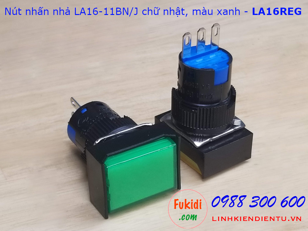 Nút nhấn nhả LA16-11BN/J 5A/250VAC đầu chữ nhật phi 16mm màu xanh - LA16REG