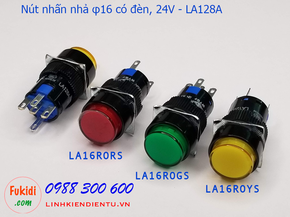 Nút nhấn nhả φ16 vỏ nhựa có đèn vàng 24v LA16, LA128A  5A/250V- LA16ROYS