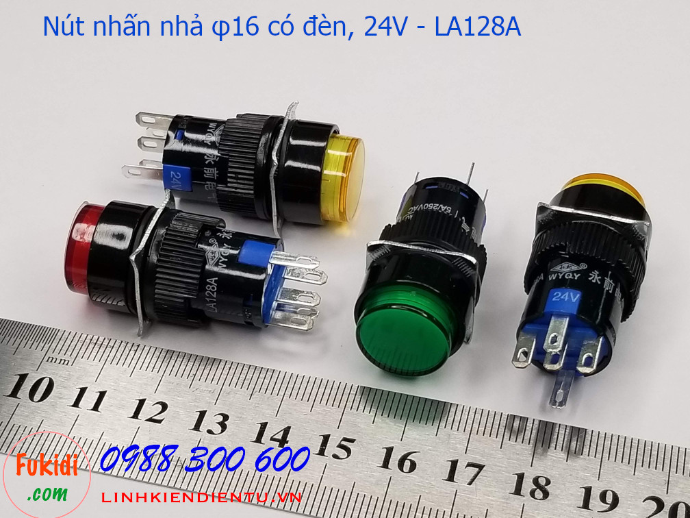 Nút nhấn nhả φ16 vỏ nhựa có đèn vàng 24v LA16, LA128A  5A/250V- LA16ROYS