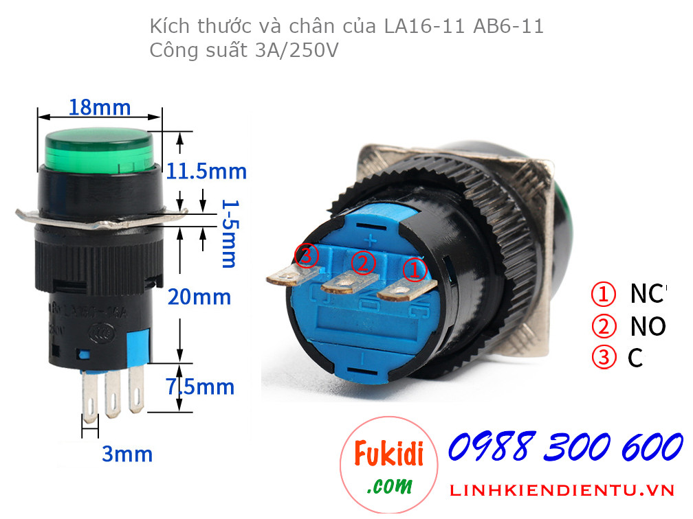 Nút nhấn nhả LA16-11BN/Y 3A/250VAC phi 16mm, tròn màu xanh - LA16ROG