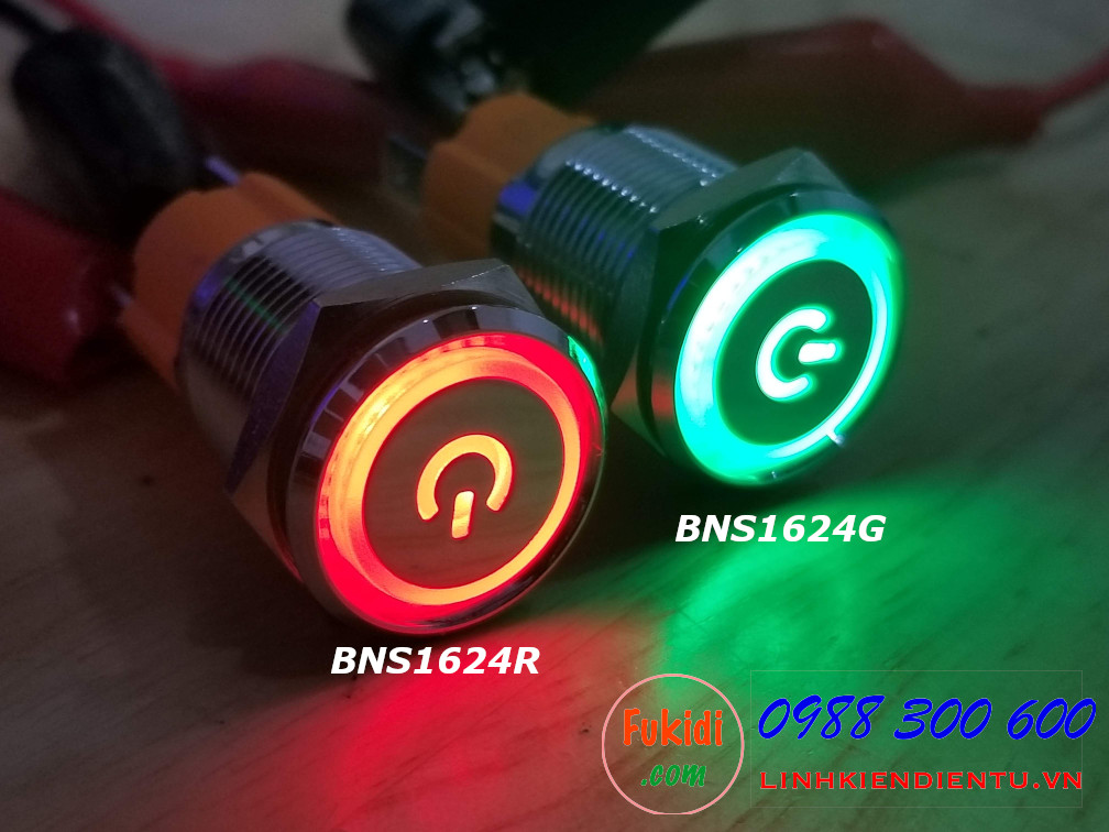 BNS1624 Công tắc nút nhấn/nhả, vỏ kim loại, có đèn báo phi 16, điện áp 9-24V, dòng điện 10A