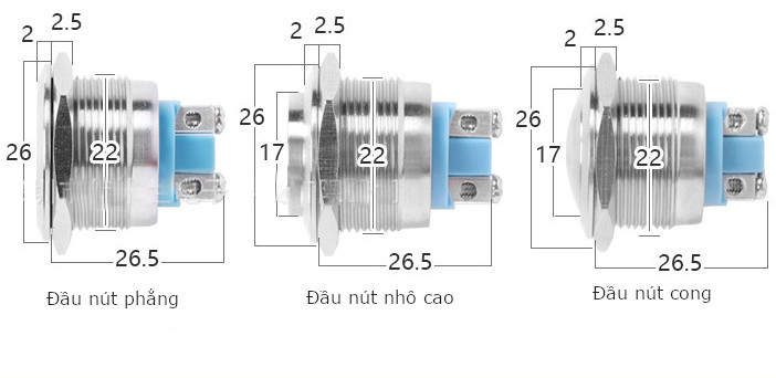BN2224CNL Nút nhấn vỏ inox, phi 22mm, mặt nút cong, không đèn