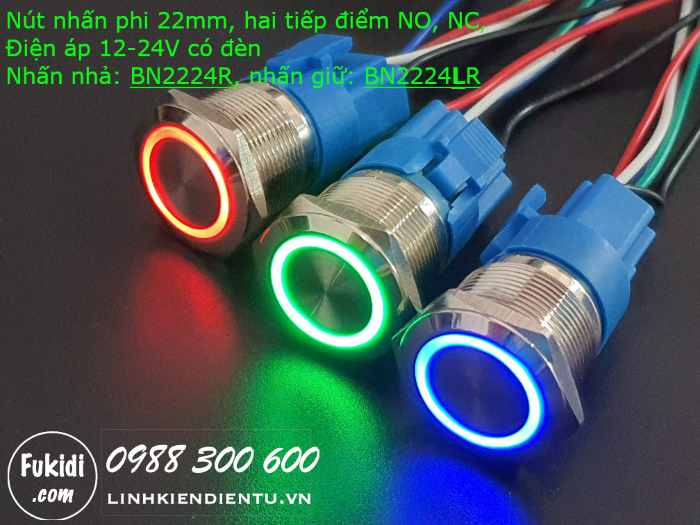 Nút nhấn giữ Ø22mm có đèn tròn màu xanh lá, điện áp 12-24V - BN2224LG