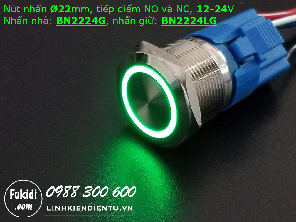 Nút nhấn giữ Ø22mm có đèn tròn màu xanh lá, điện áp 12-24V - BN2224LG