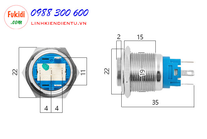 BN1924PB - Nút nhấn nhả có đèn, vỏ inox, phi 19mm, 24v đèn LED hình nút nguồn màu xanh lục