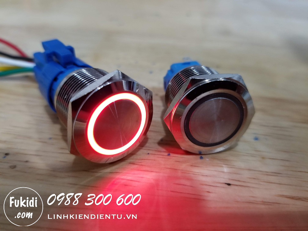 Nút nhấn nhả có đèn, vỏ inox, phi 19mm, 24v đèn LED hình tròn màu đỏ
