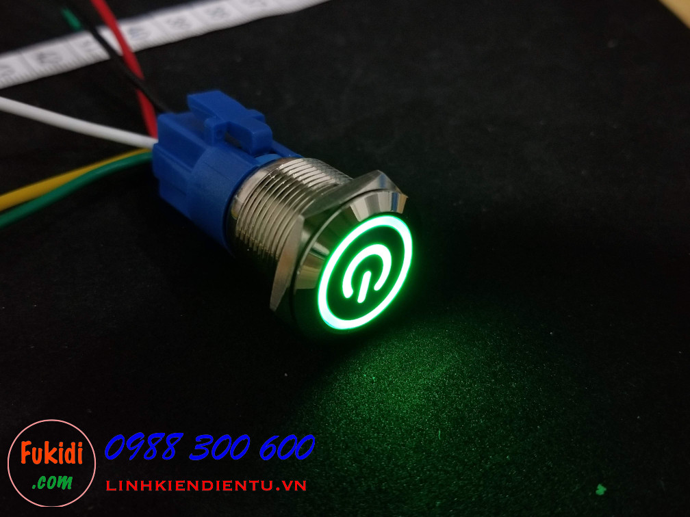 BN1924PG - Nút nhấn nhả có đèn, vỏ inox, phi 19mm, 24v đèn LED hình nút nguồn màu xanh lá