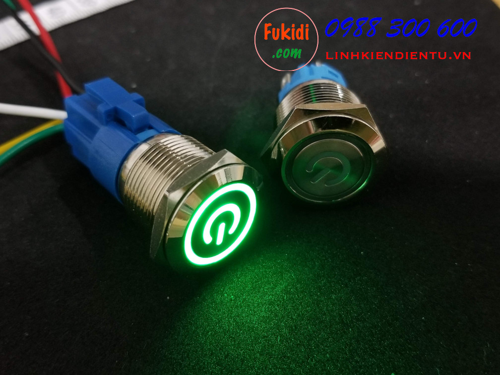 BN1924PG - Nút nhấn nhả có đèn, vỏ inox, phi 19mm, 24v đèn LED hình nút nguồn màu xanh lá