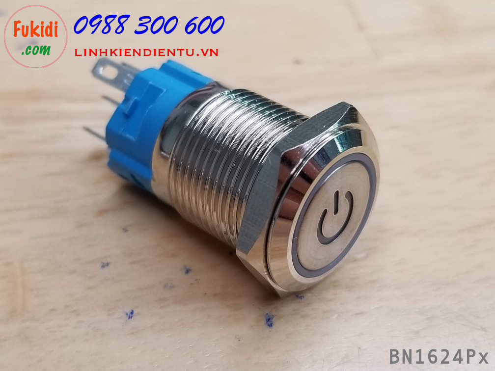 BN1624PB Nút nhấn nhả vỏ kim loại phi 16mm, điện áp 24V, chống thấm nước, đèn hình biểu tượng nguồn màu xanh lục
