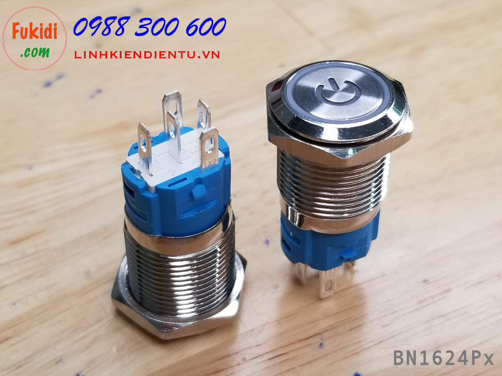 BN1624PG Nút nhấn nhả vỏ kim loại phi 16mm, điện áp 24V, chống thấm nước, đèn hình biểu tượng nguồn màu xanh lá