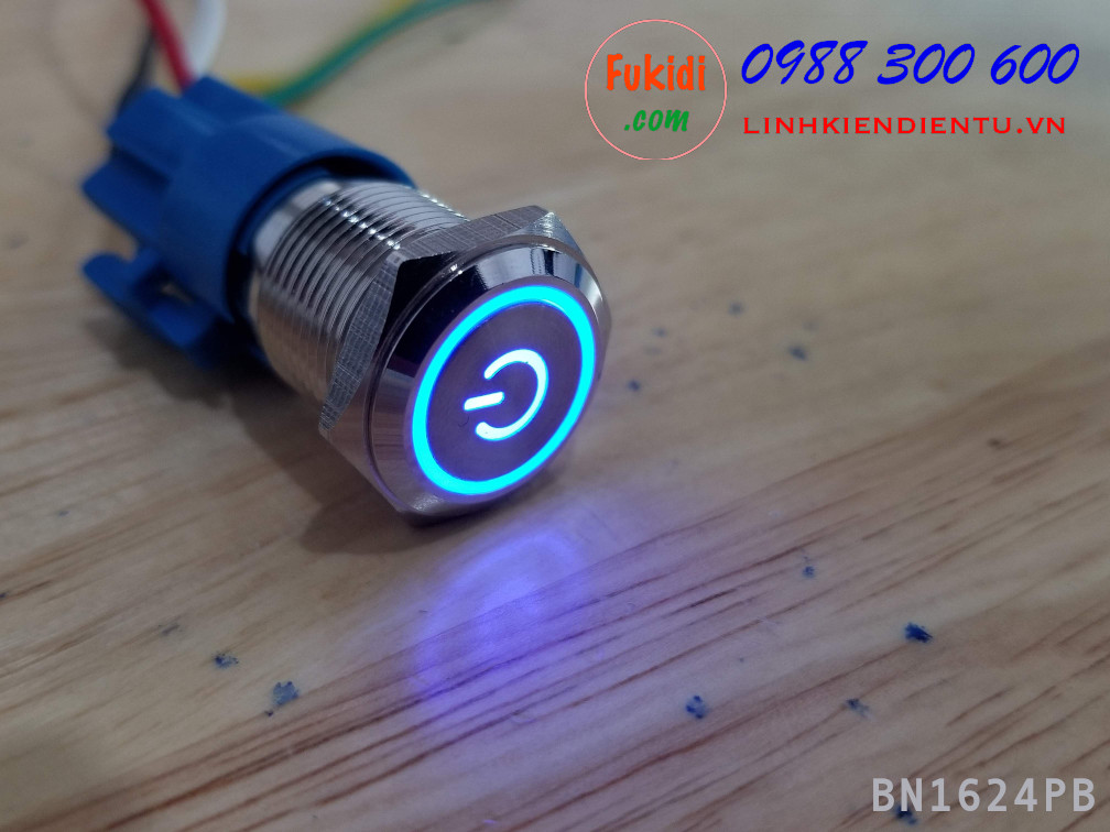 BN1624PB Nút nhấn nhả vỏ kim loại phi 16mm, điện áp 24V, chống thấm nước, đèn hình biểu tượng nguồn màu xanh lục