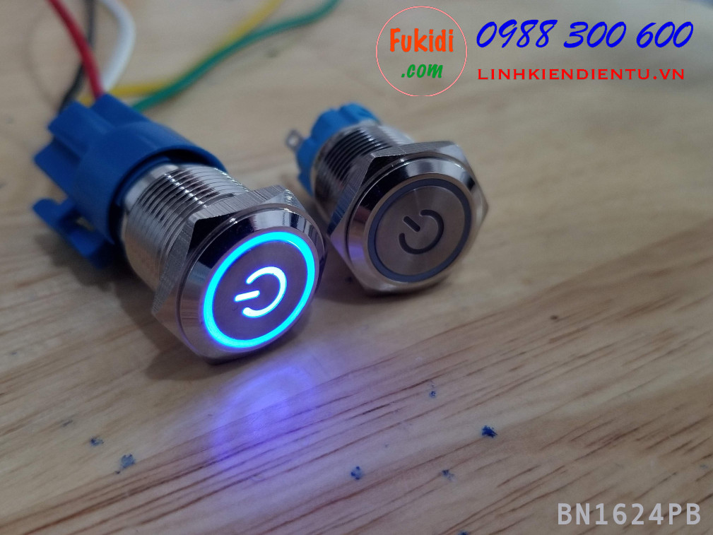 BN1624PB Nút nhấn nhả vỏ kim loại phi 16mm, điện áp 24V, chống thấm nước, đèn hình biểu tượng nguồn màu xanh lục
