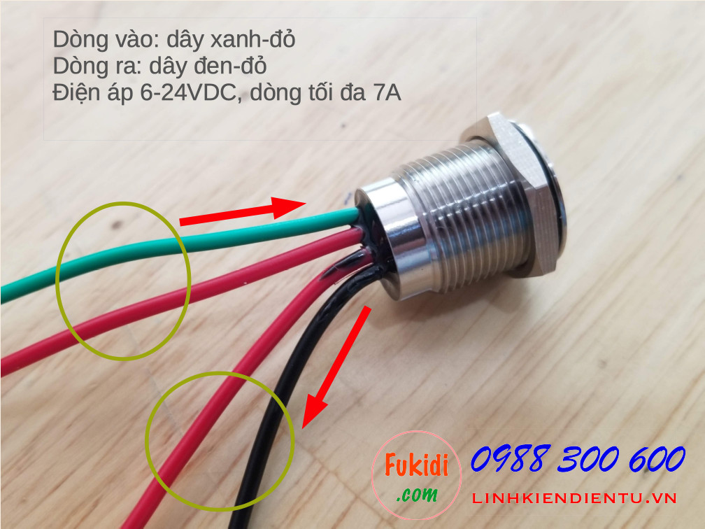 Nút nhấn nhả cảm ứng vỏ inox có đèn xanh lục, phi 19, không thấm nước, điện áp 6-24VDC, dòng tải 7A BNT1924B