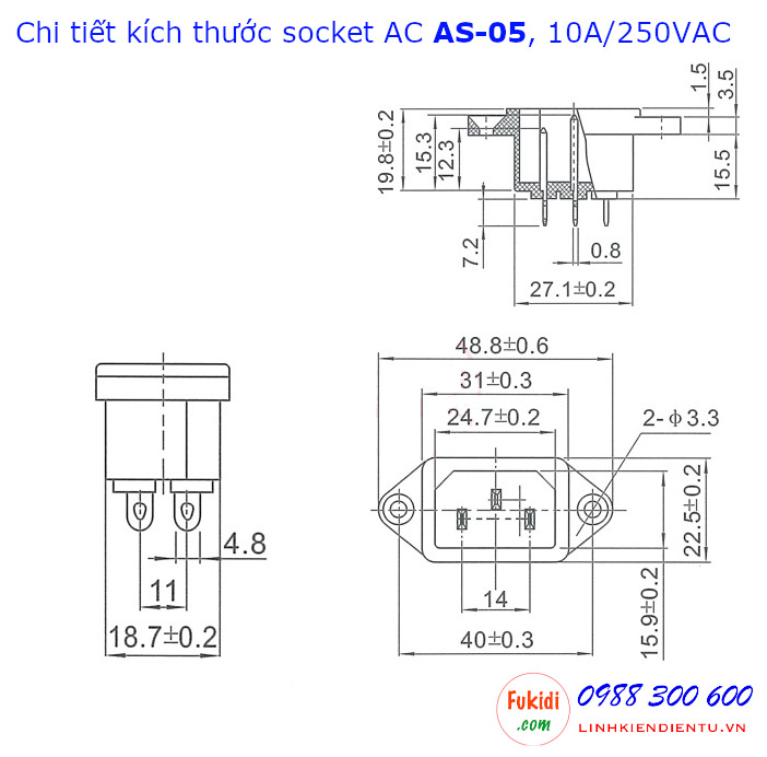 Socket cắm nguồn AC AS-05 10A/250VAC dùng cắm nguồn cho máy tính