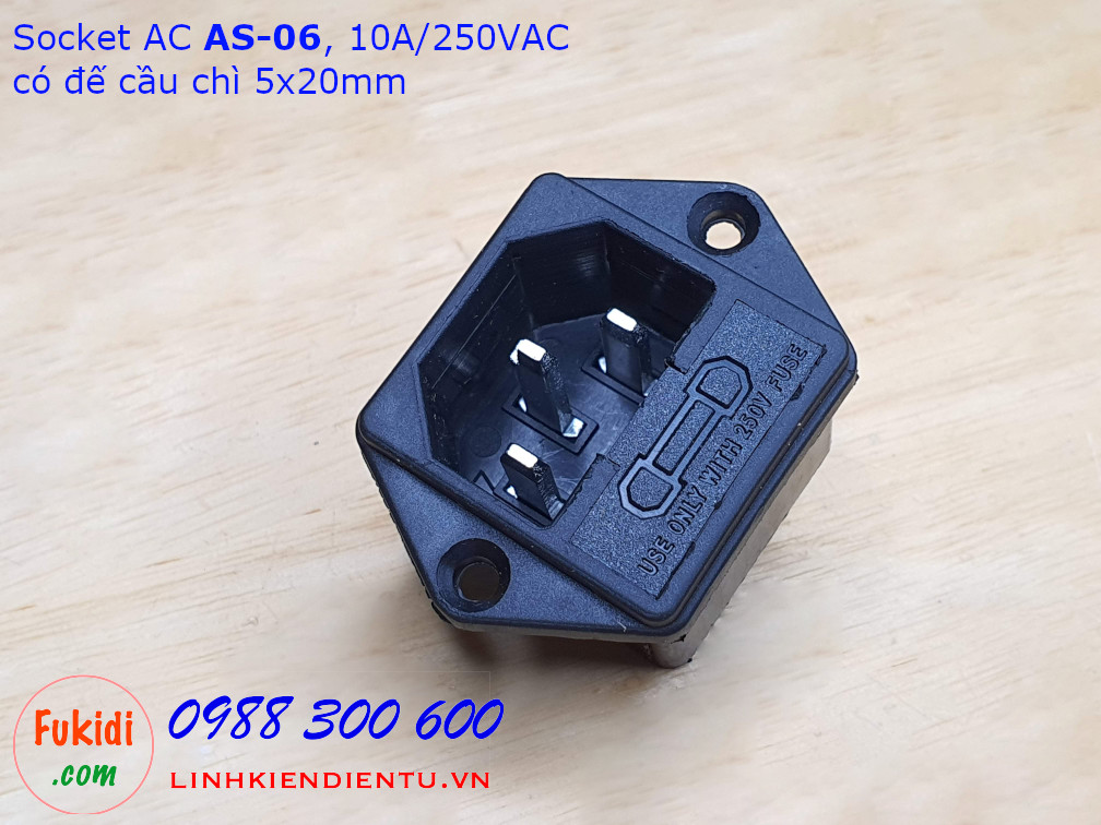 Socket cắm nguồn AC AS-06 10A/250VAC kèm đế cầu chì 5x20mm