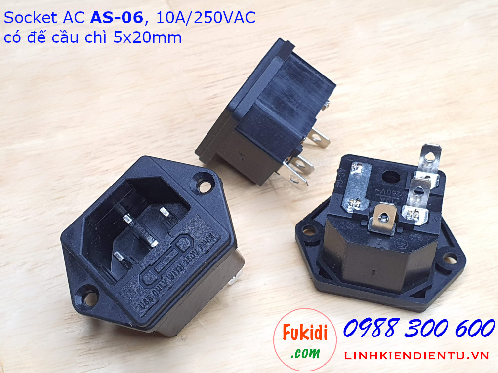 Socket cắm nguồn AC AS-06 10A/250VAC kèm đế cầu chì 5x20mm
