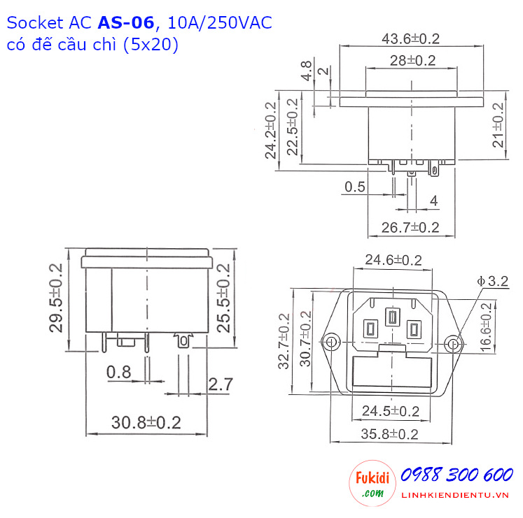 Socket cắm nguồn AC AS-06 10A/250VAC kèm đế cầu chì 5x20mm