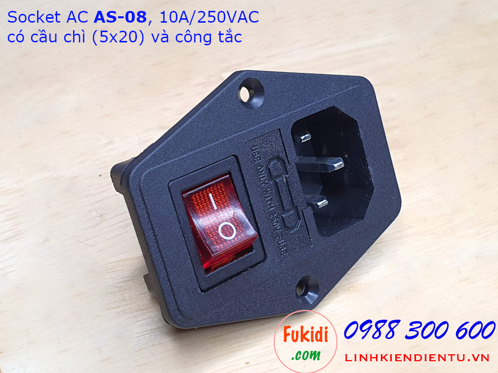 Socket cắm nguồn AC AS-08 10A/250VAC kèm đế cầu chì 5x20mm và công tắc có đèn