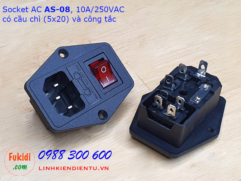 Socket cắm nguồn AC AS-08 10A/250VAC kèm đế cầu chì 5x20mm và công tắc có đèn