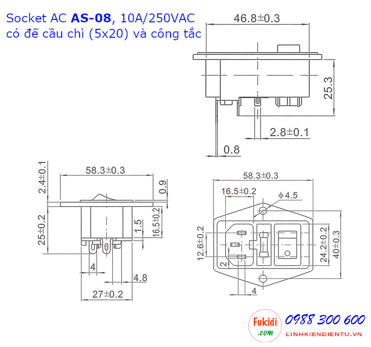 Chi tiết kích thước của socket AC AS-08