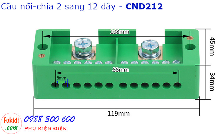 Chi tiết kích thước của cầu nối dây, cầu đấu chia dây điện, chia 2 sang 12 dây - CND212