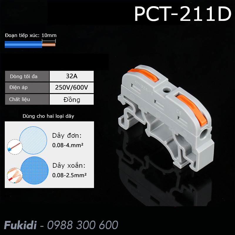 Domino kẹp gắn ray tủ điện 32A/250V dây 0.08-4mm2 nối hai dây với nhau - PCT-211D
