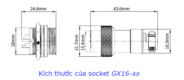 GX16-2 socket ra hai dây, đầu hàn chì, chống thấm, phi 16mm