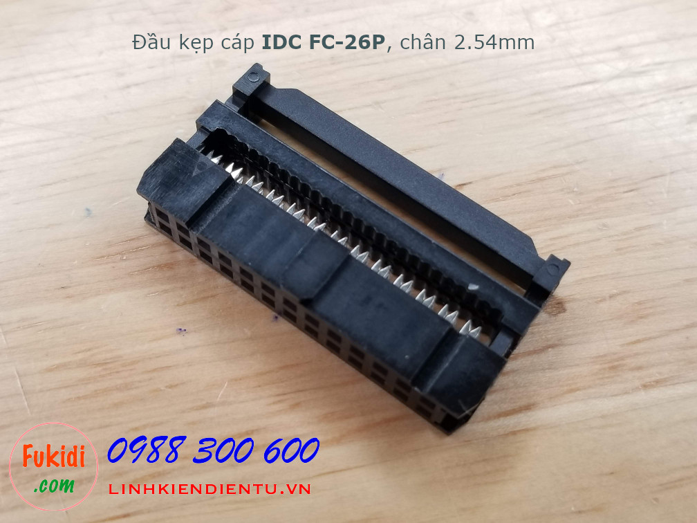 Đầu kẹp cáp bẹ IDC FC-26P bố trí chân 2x13P, khoảng cách chân 2.54mm màu đen