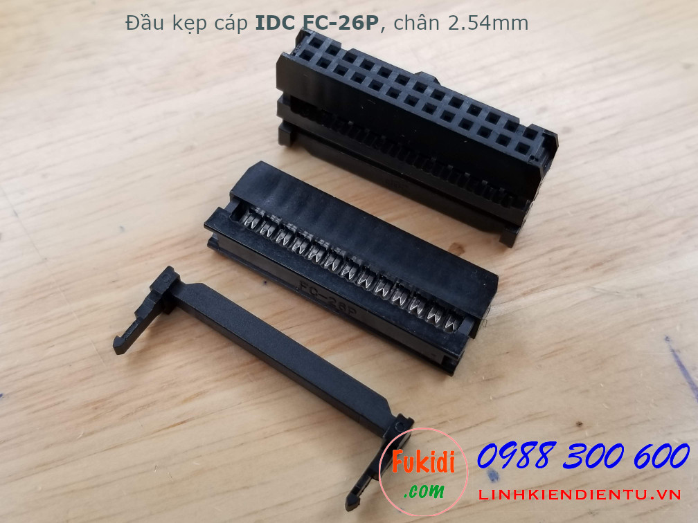 Đầu kẹp cáp bẹ IDC FC-26P bố trí chân 2x13P, khoảng cách chân 2.54mm màu đen