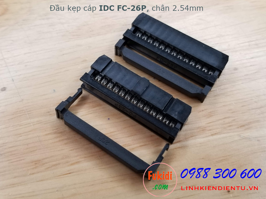 Đầu kẹp cáp bẹ IDC FC-26P bố trí chân 2x13P, khoảng cách chân 2.54mm màu đen