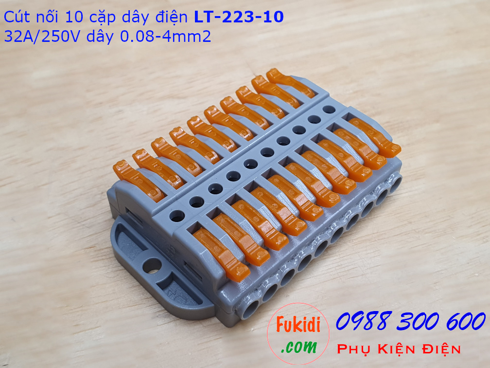 Cút nối dây LT-223-10 nối 10 cặp dây 0.08-4mm2 với nhau công suất 32A/600V