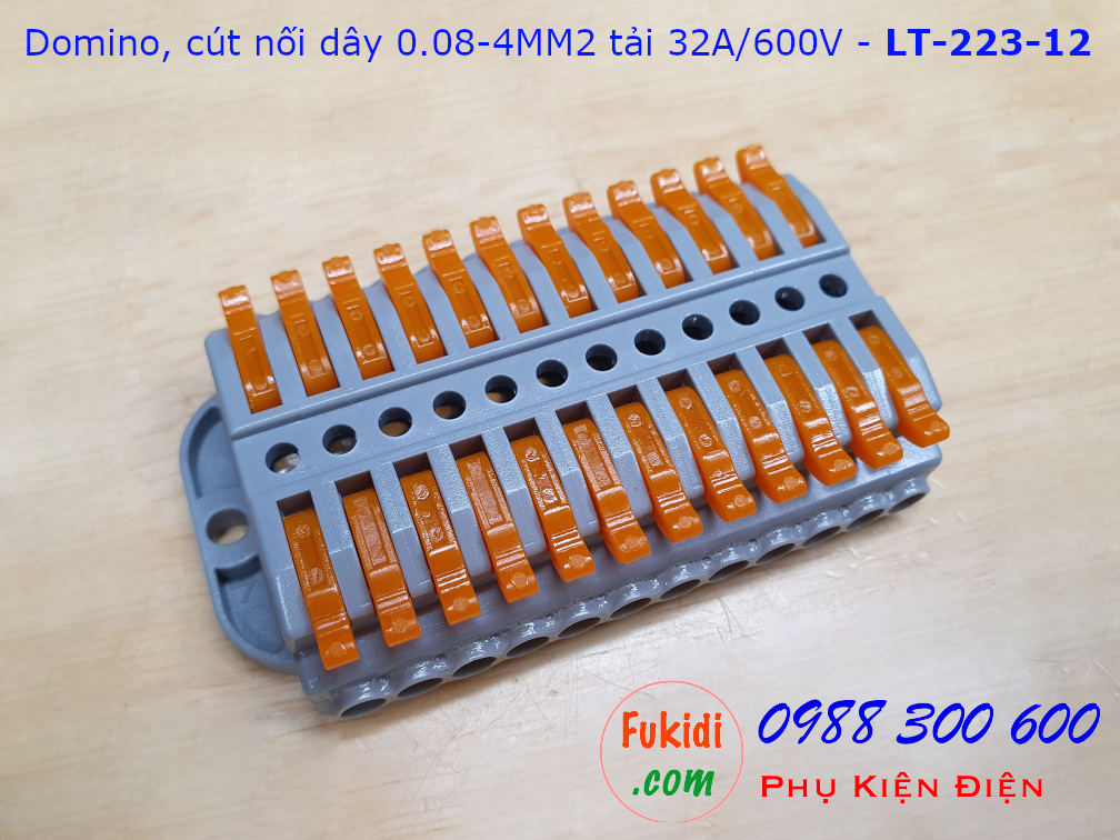 Domino 12 chân, cút nối dây 12 chân LT-223-12 nối 12 cặp dây 0.08-4mm2, công suất 32A/600V