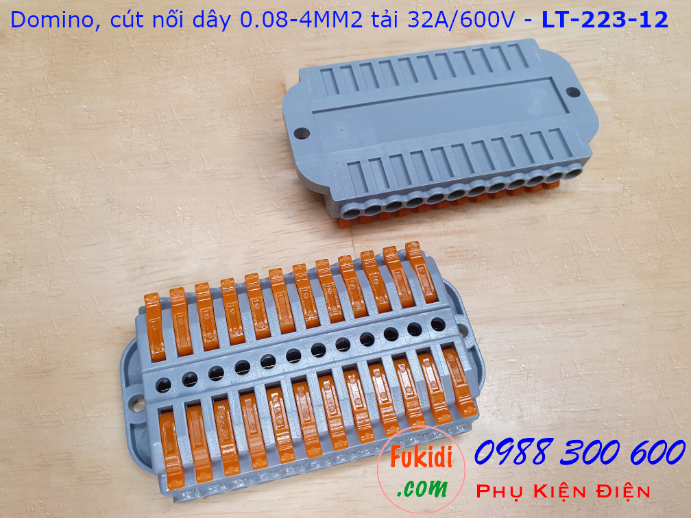 Domino 12 chân, cút nối dây 12 chân LT-223-12 nối 12 cặp dây 0.08-4mm2, công suất 32A/600V