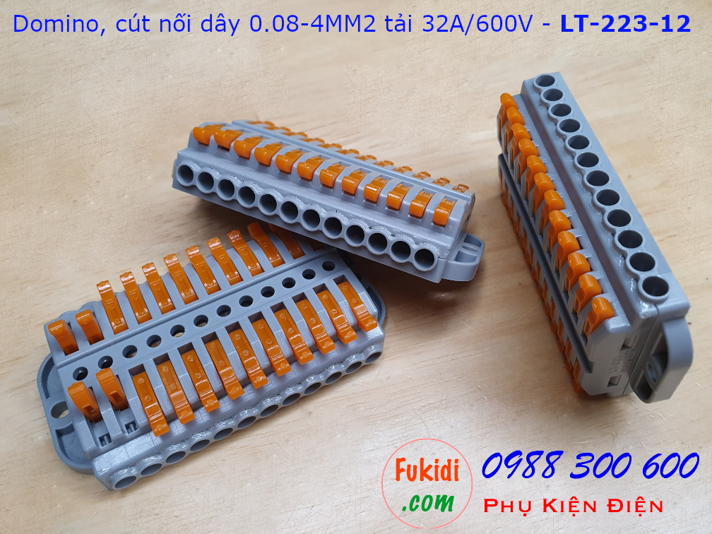 Domino 12 chân, cút nối dây 12 chân LT-223-12 nối 12 cặp dây 0.08-4mm2, công suất 32A/600V