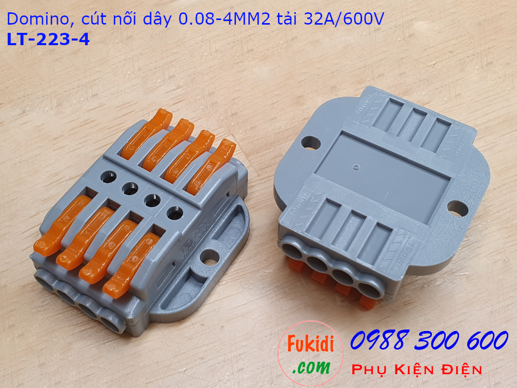 Domino 4P, cút nối dây 4 chân LT-223-4 nối 4 cặp dây 0.08-4mm2, công suất 32A/600V