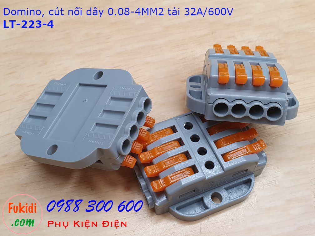 Domino 4P, cút nối dây 4 chân LT-223-4 nối 4 cặp dây 0.08-4mm2, công suất 32A/600V