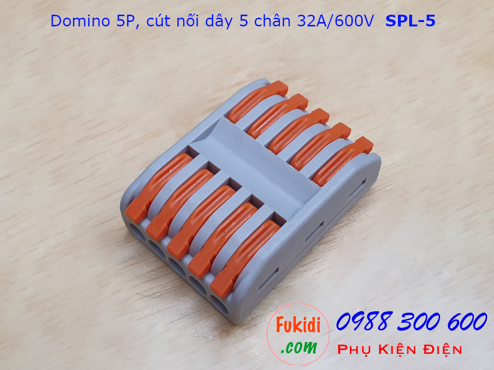 Domino 5P, cút nối dây 5 chân SPL-5 nối 5 cặp dây 0.08-4mm2, công suất 32A/600V