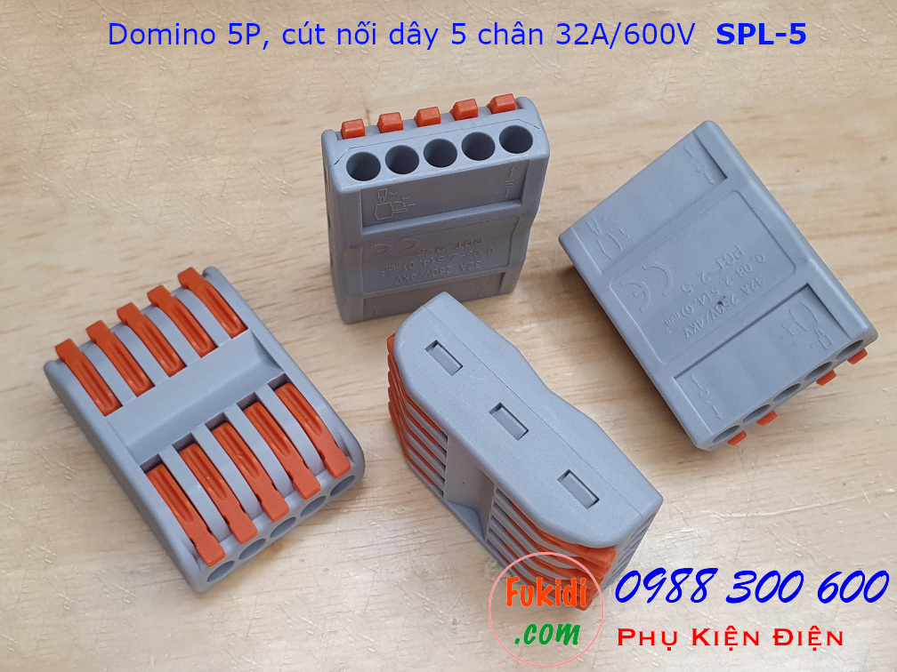 Domino 5P, cút nối dây 5 chân SPL-5 nối 5 cặp dây 0.08-4mm2, công suất 32A/600V