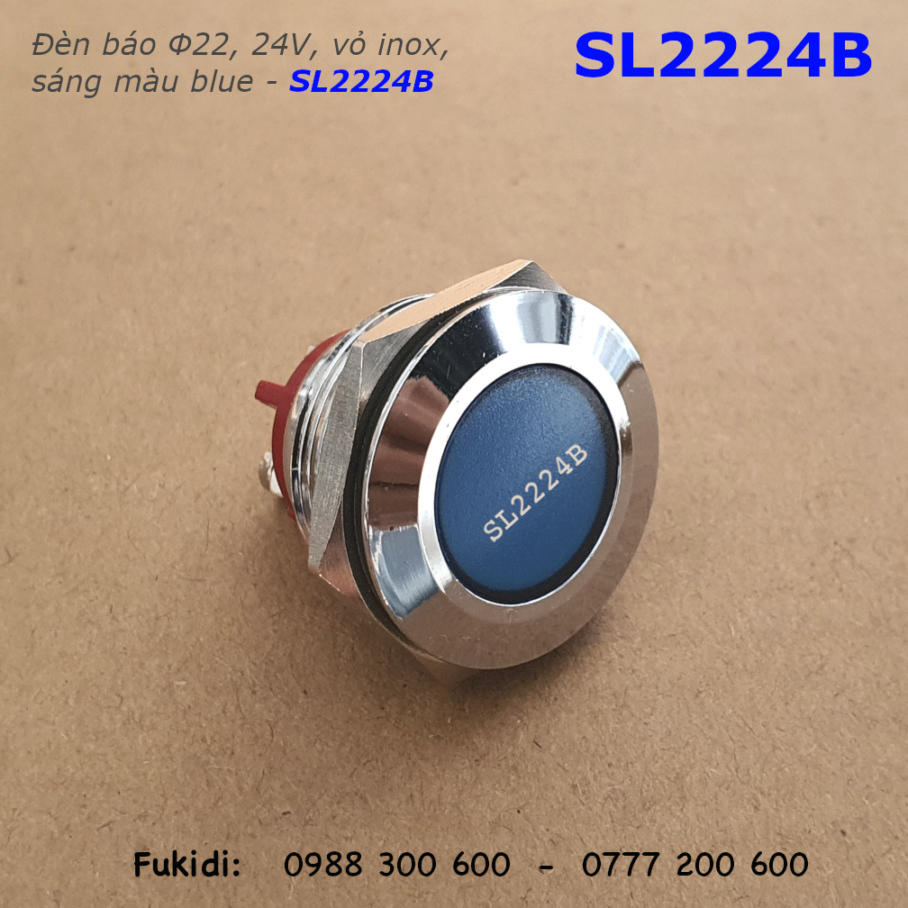 Đèn báo tín hiện vỏ inox 304, phi 22mm, 24V màu xanh blue - SL2224B