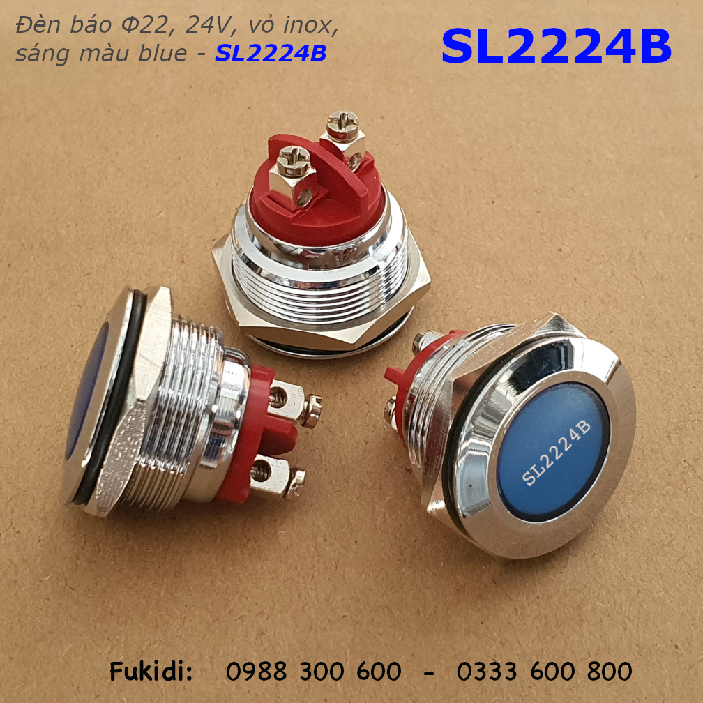 Đèn báo tín hiện vỏ inox 304, phi 22mm, 24V màu xanh blue - SL2224B